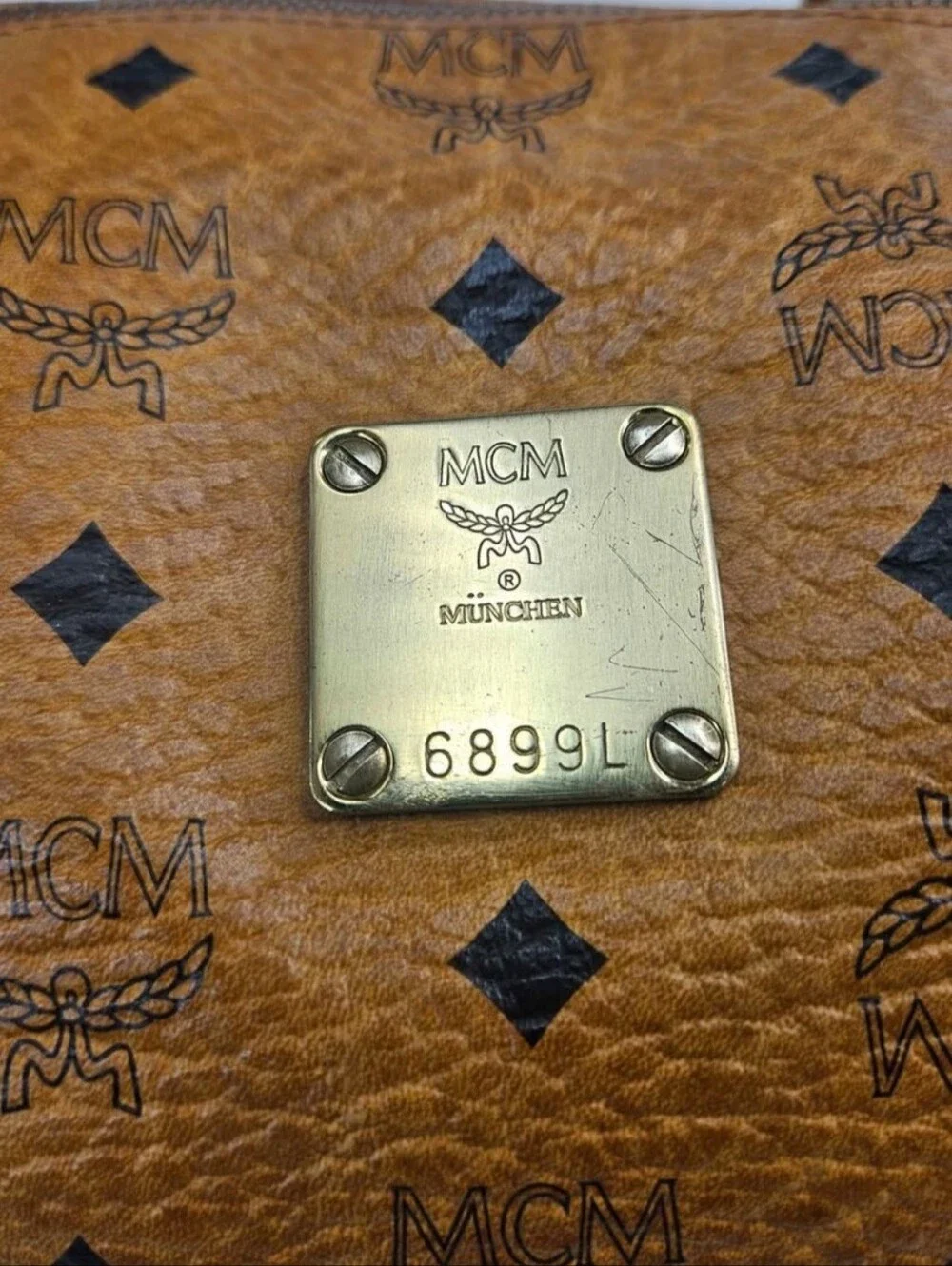 Authentic MCM Monogram Visetos Cognac Boston Satchel Handbag